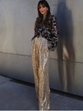 Wide Leg Pants High Waist Sequins Long