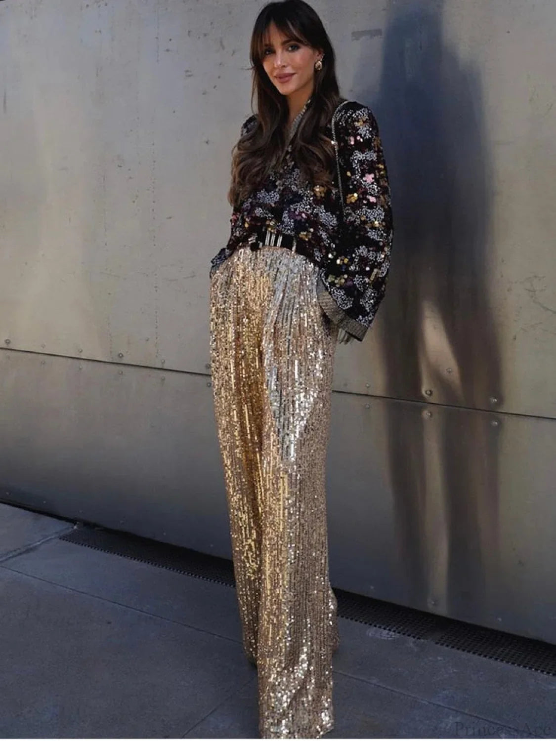 Wide Leg Pants High Waist Sequins Long