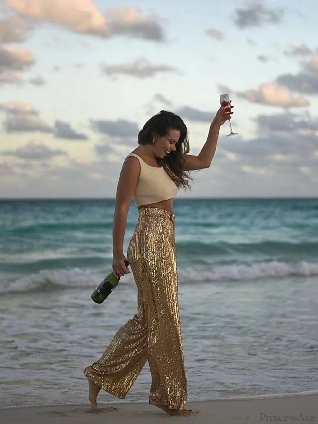 Wide Leg Pants High Waist Sequins Long
