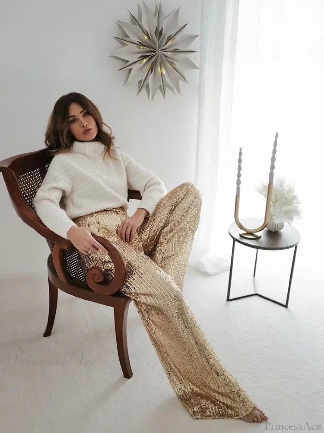 Wide Leg Pants High Waist Sequins Long