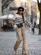 Wide Leg Pants High Waist Sequins Long