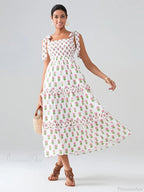 Wide Straps Flowy Floral Bohemian Beach Frill Trim Square Neck A-Line Dress