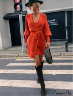 Winter Wrap Dress Women Long Sleeve Office Cardigan Tunic Solid Color