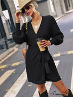 Winter Wrap Dress Women Long Sleeve Office Cardigan Tunic Solid Color