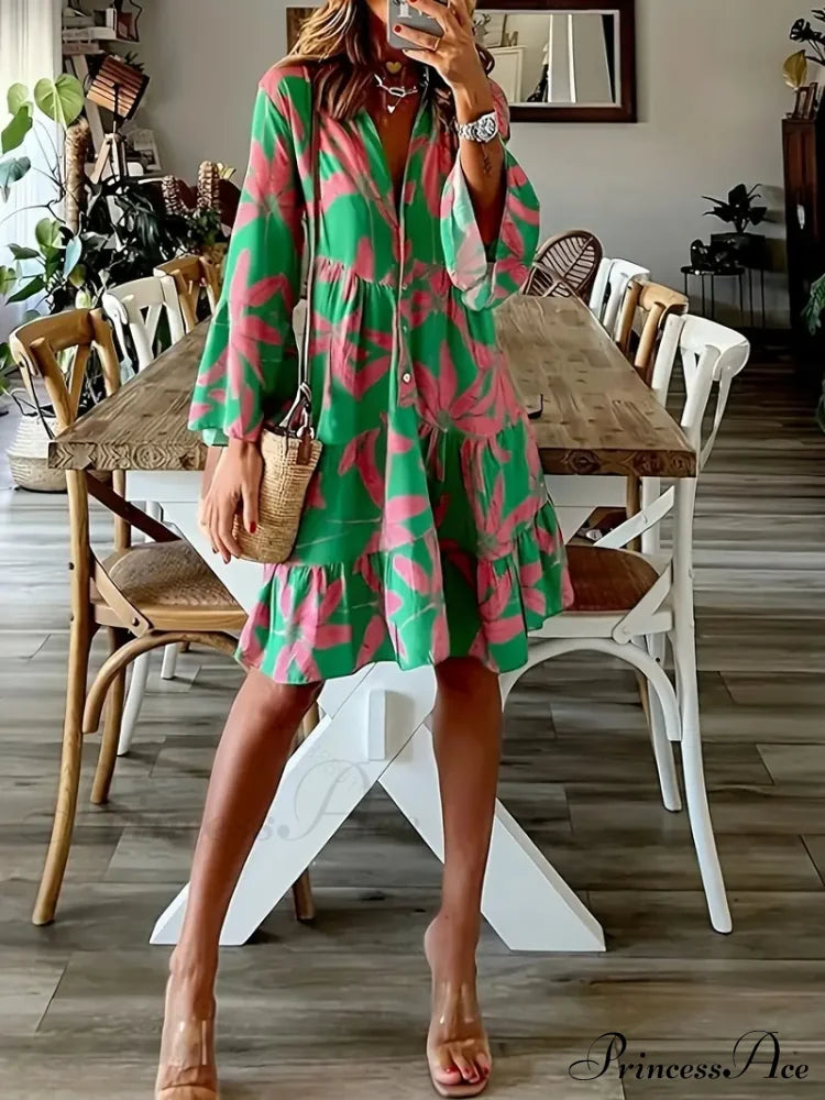 With Arm Long Gown Leaves Full-Length Tiered Print