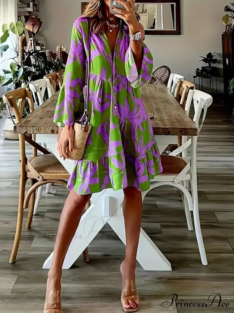 With Arm Long Gown Leaves Full-Length Tiered Print