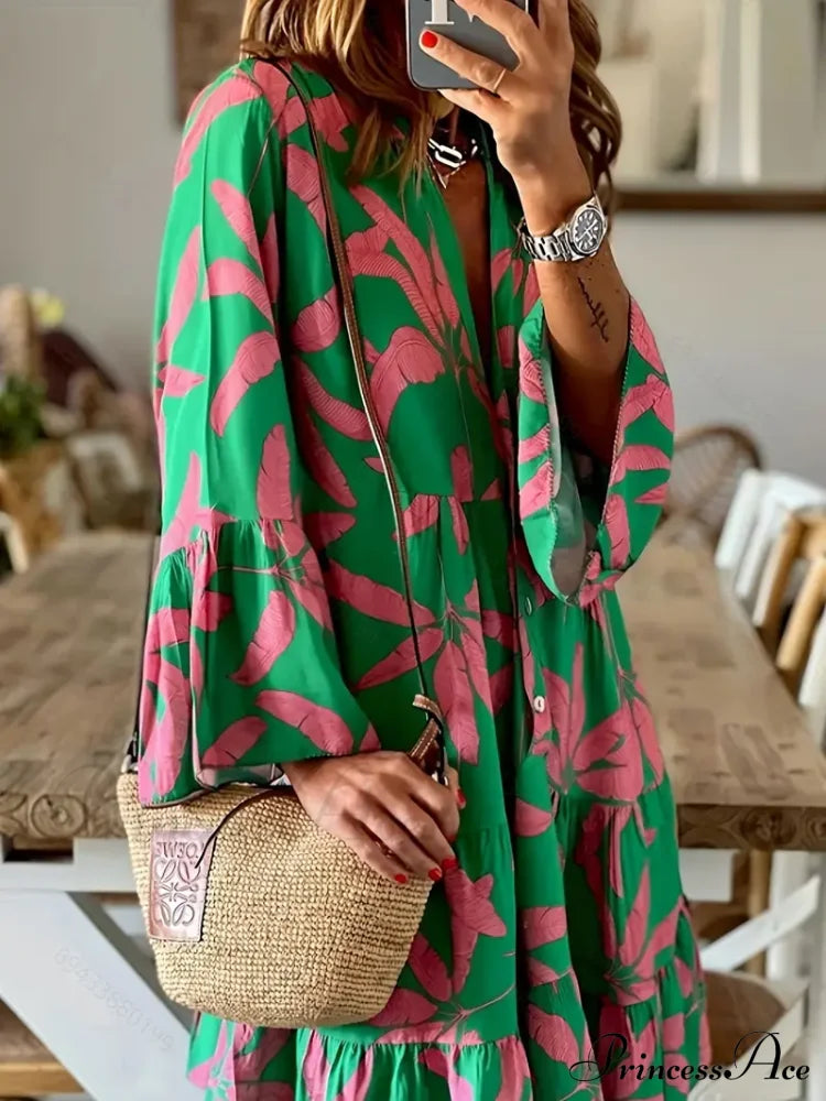 With Arm Long Gown Leaves Full-Length Tiered Print
