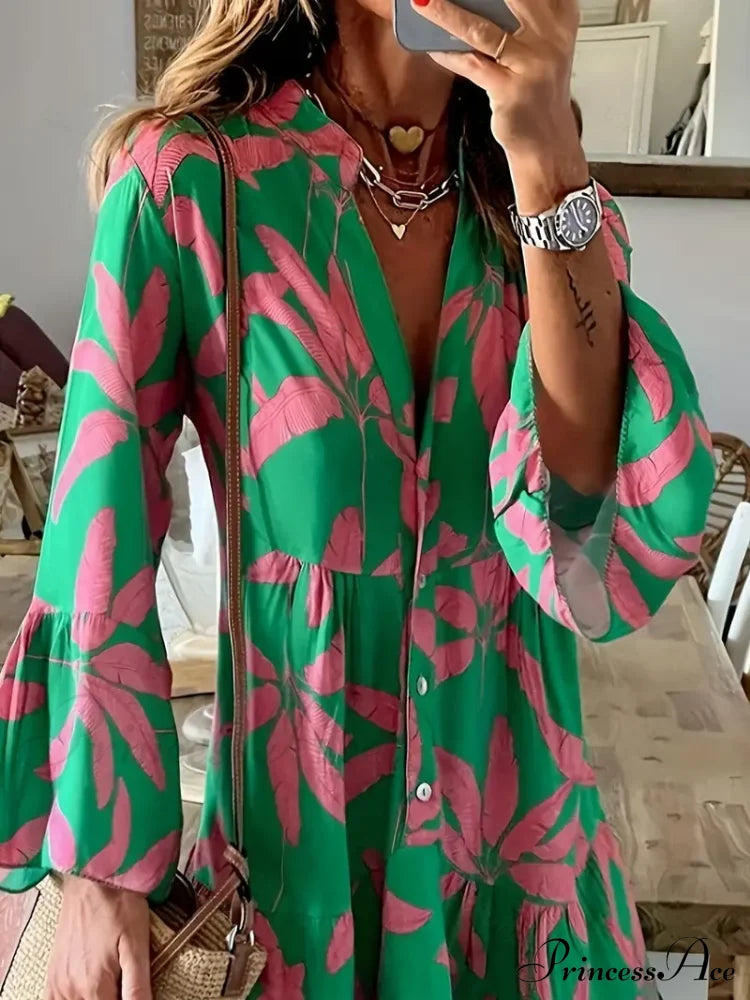 With Arm Long Gown Leaves Full-Length Tiered Print