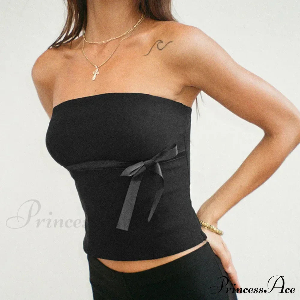 Women Harajuku Pullover Strapless Bowtie Patchwork Skinny Crops Camisole Shirt Outfits Tank Top