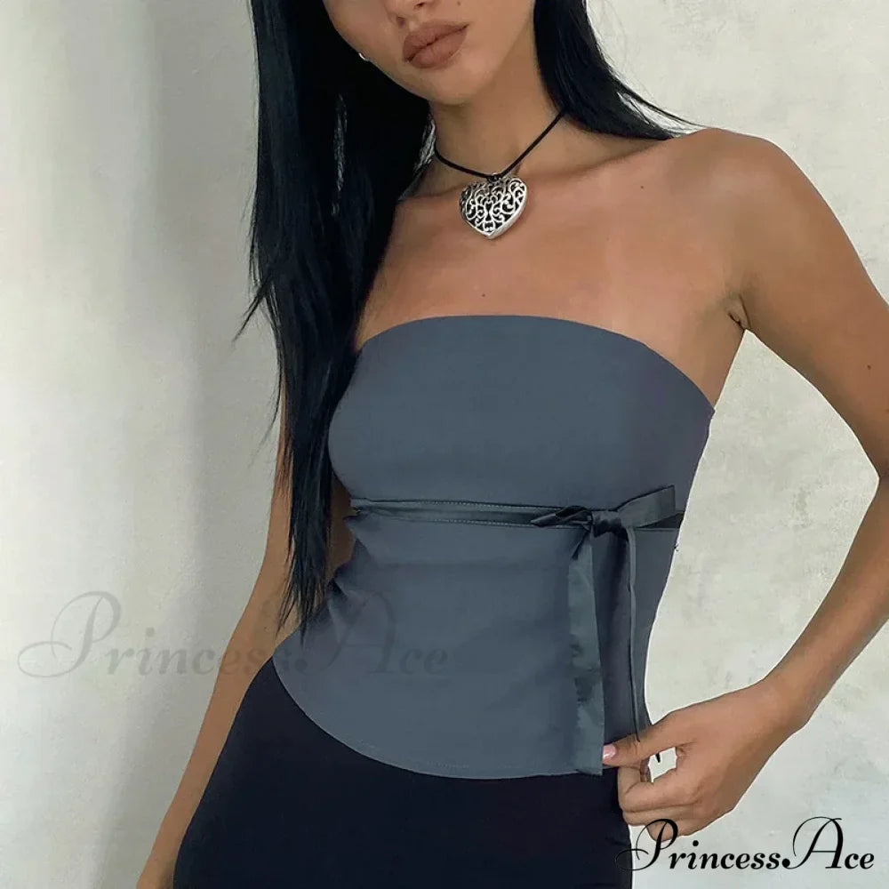 Women Harajuku Pullover Strapless Bowtie Patchwork Skinny Crops Camisole Shirt Outfits Tank Top