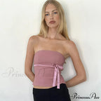 Women Harajuku Pullover Strapless Bowtie Patchwork Skinny Crops Camisole Shirt Outfits Tank Top