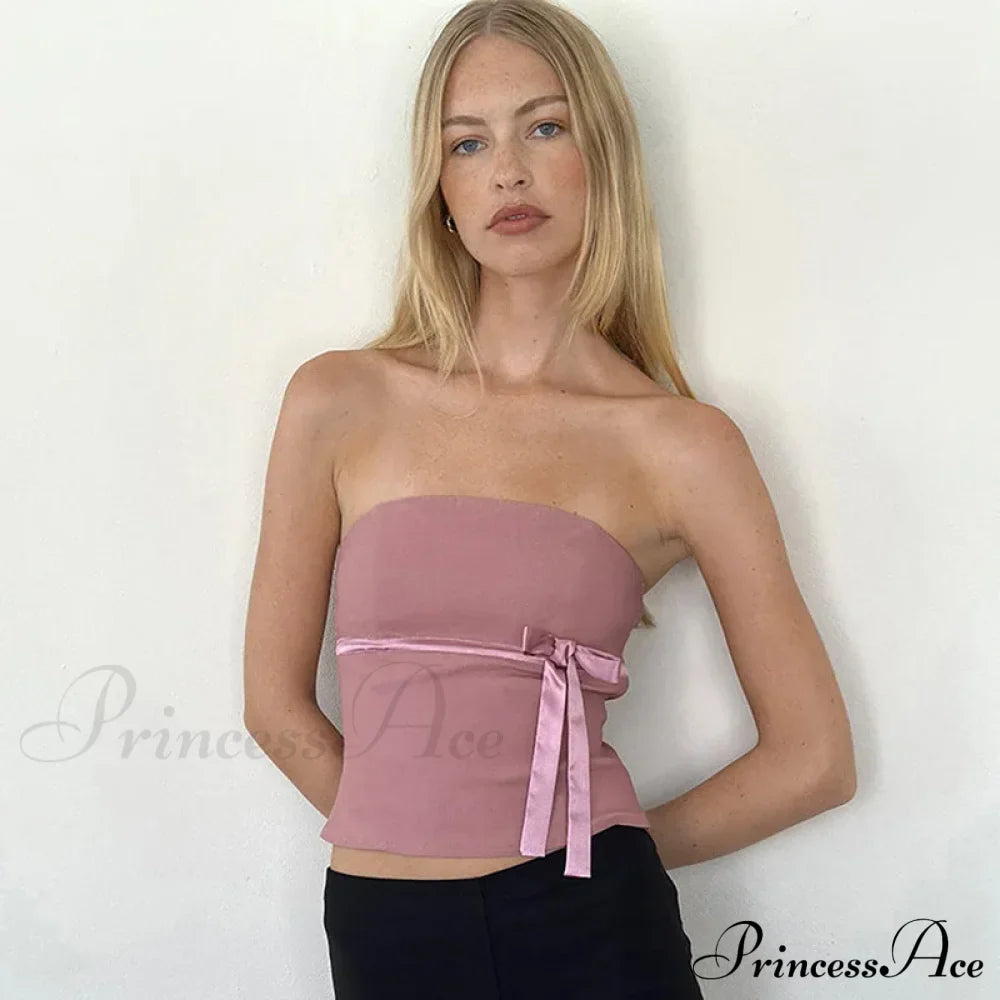 Women Harajuku Pullover Strapless Bowtie Patchwork Skinny Crops Camisole Shirt Outfits Tank Top