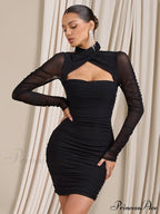 Women Bodycon With Mesh Gown Mini Arm Ruched Zipper Party Halter Robe Backless Long Autumn Vestidos
