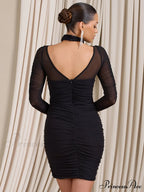 Women Bodycon With Mesh Gown Mini Arm Ruched Zipper Party Halter Robe Backless Long Autumn Vestidos