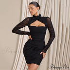 Women Bodycon With Mesh Gown Mini Arm Ruched Zipper Party Halter Robe Backless Long Autumn Vestidos