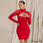 Women Bodycon With Mesh Gown Mini Arm Ruched Zipper Party Halter Robe Backless Long Autumn Vestidos