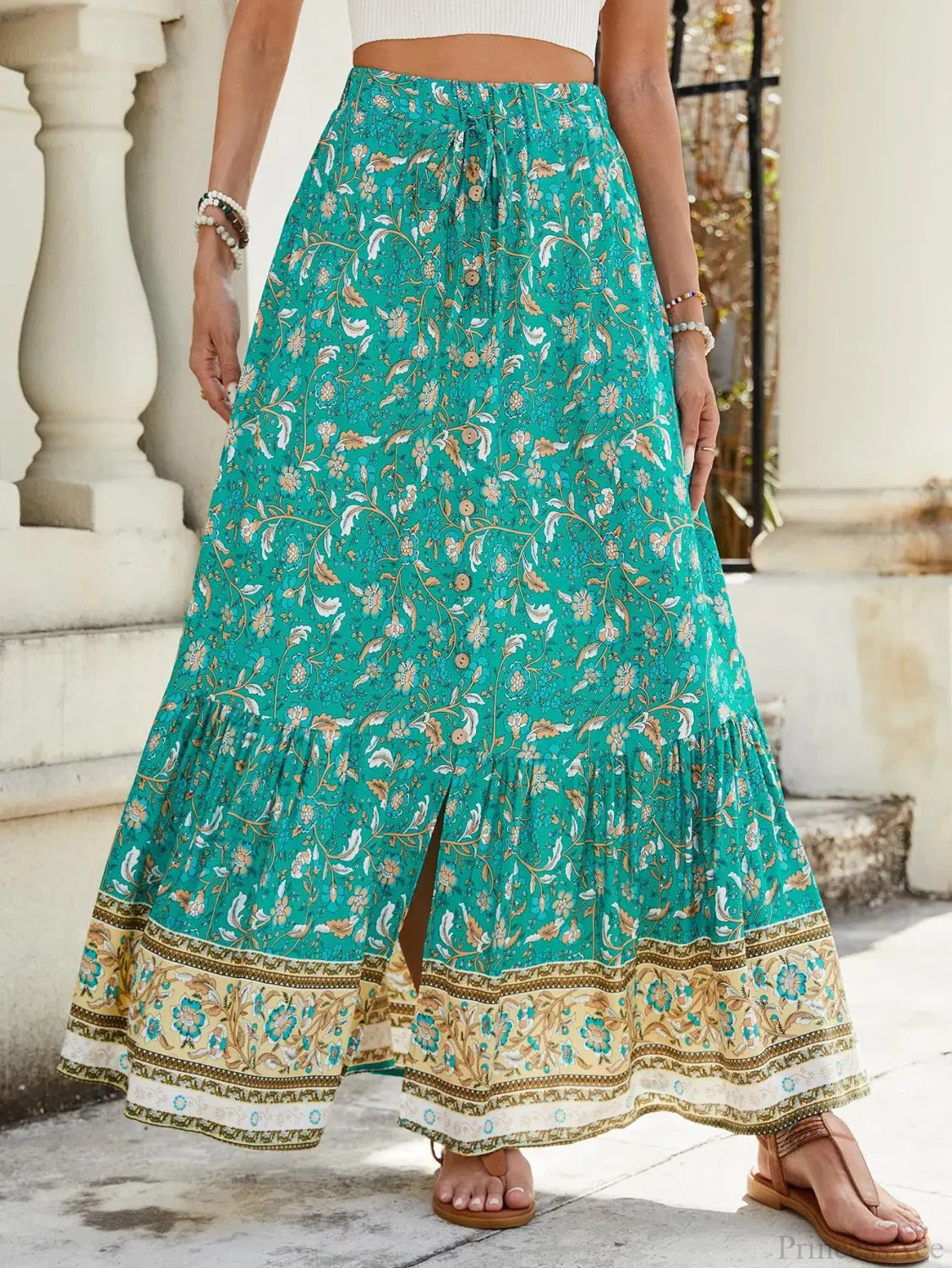 Women Boho Maxi Skirts Button Down Floral A-Line Hippie