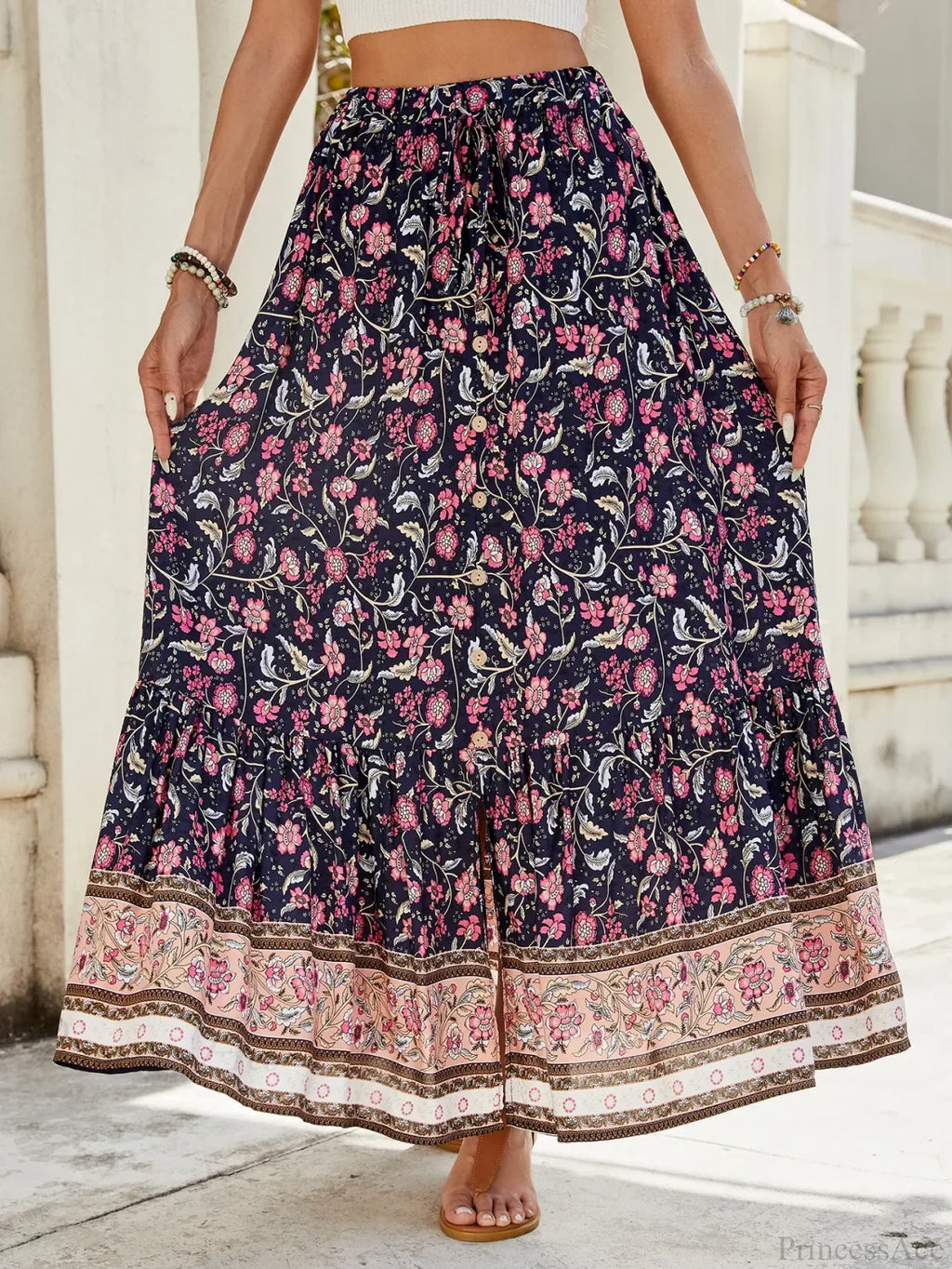 Women Boho Maxi Skirts Button Down Floral A-Line Hippie