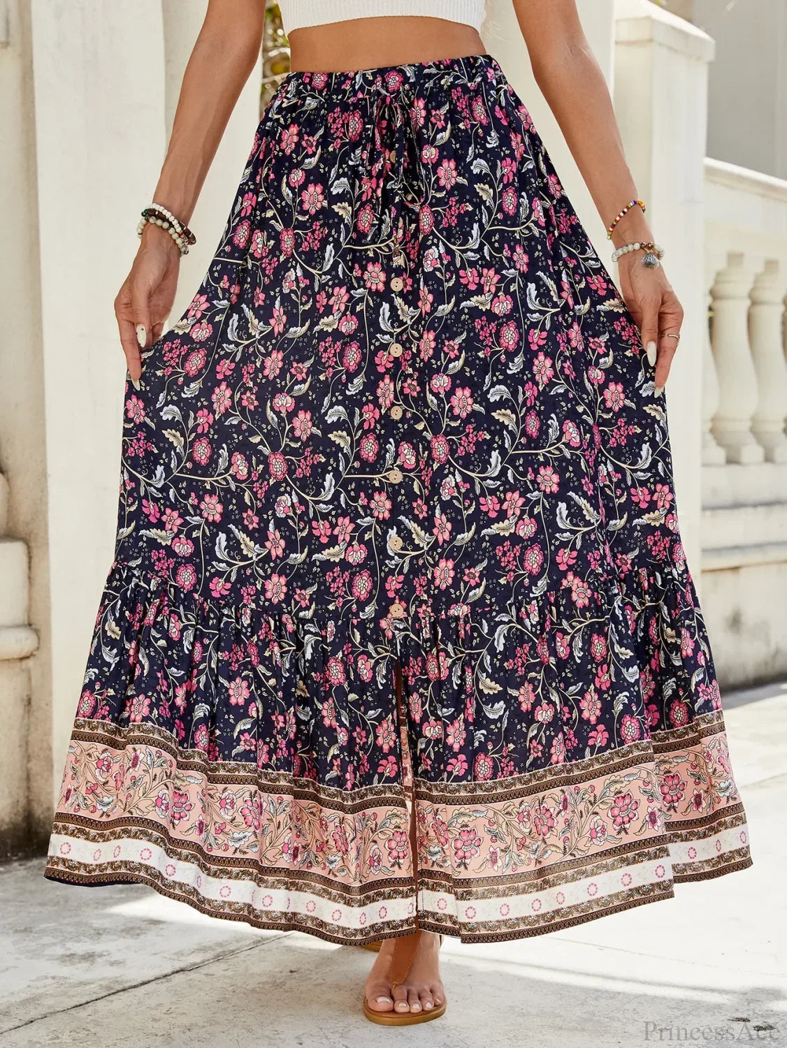 Women Boho Maxi Skirts Button Down Floral A-Line Hippie