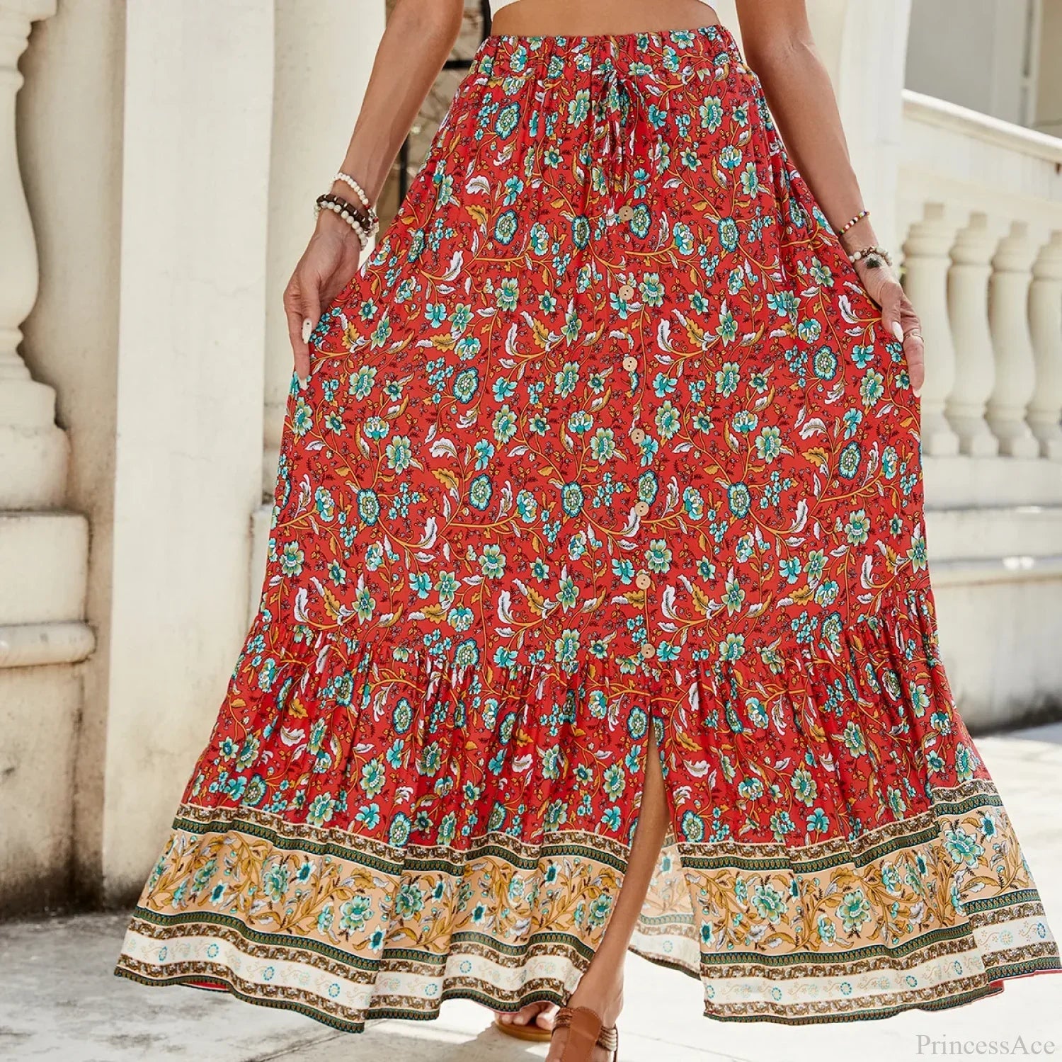 Women Boho Maxi Skirts Button Down Floral A-Line Hippie