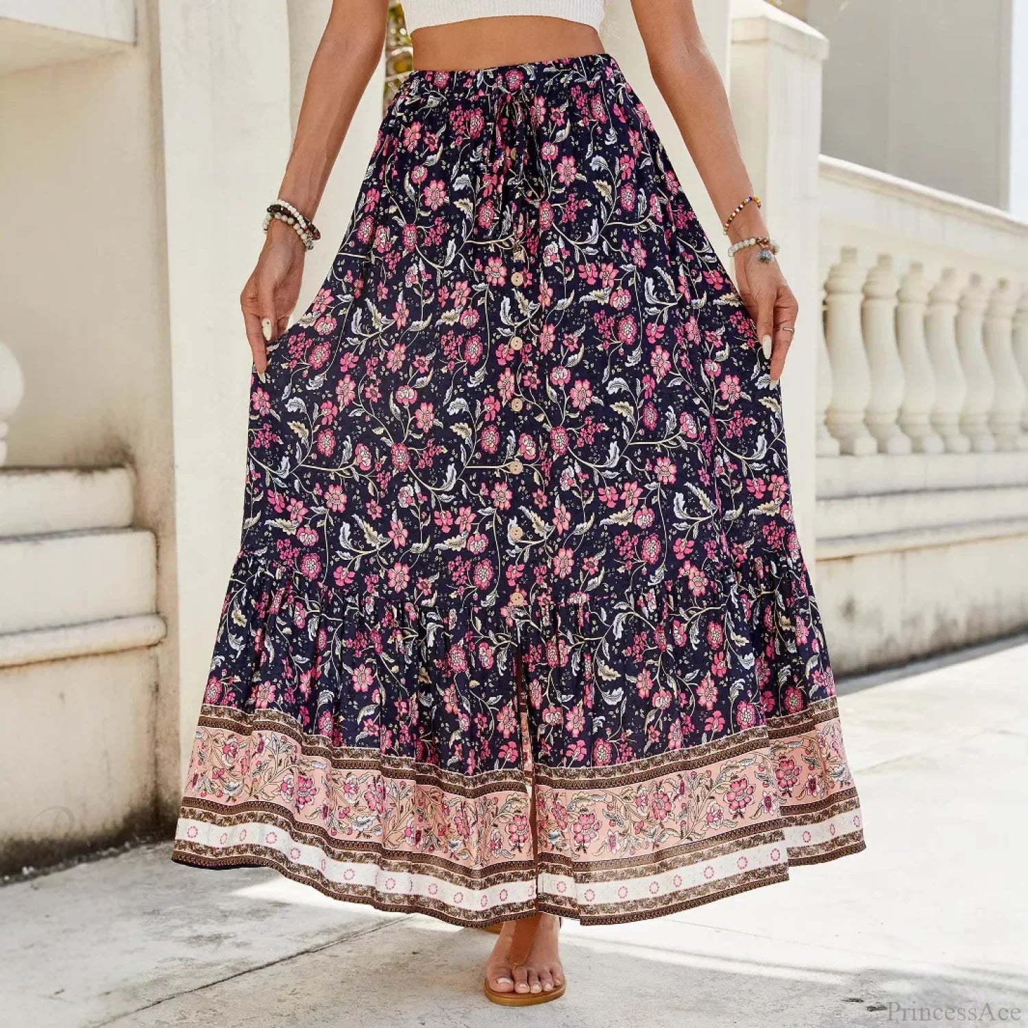 Women Boho Maxi Skirts Button Down Floral A-Line Hippie