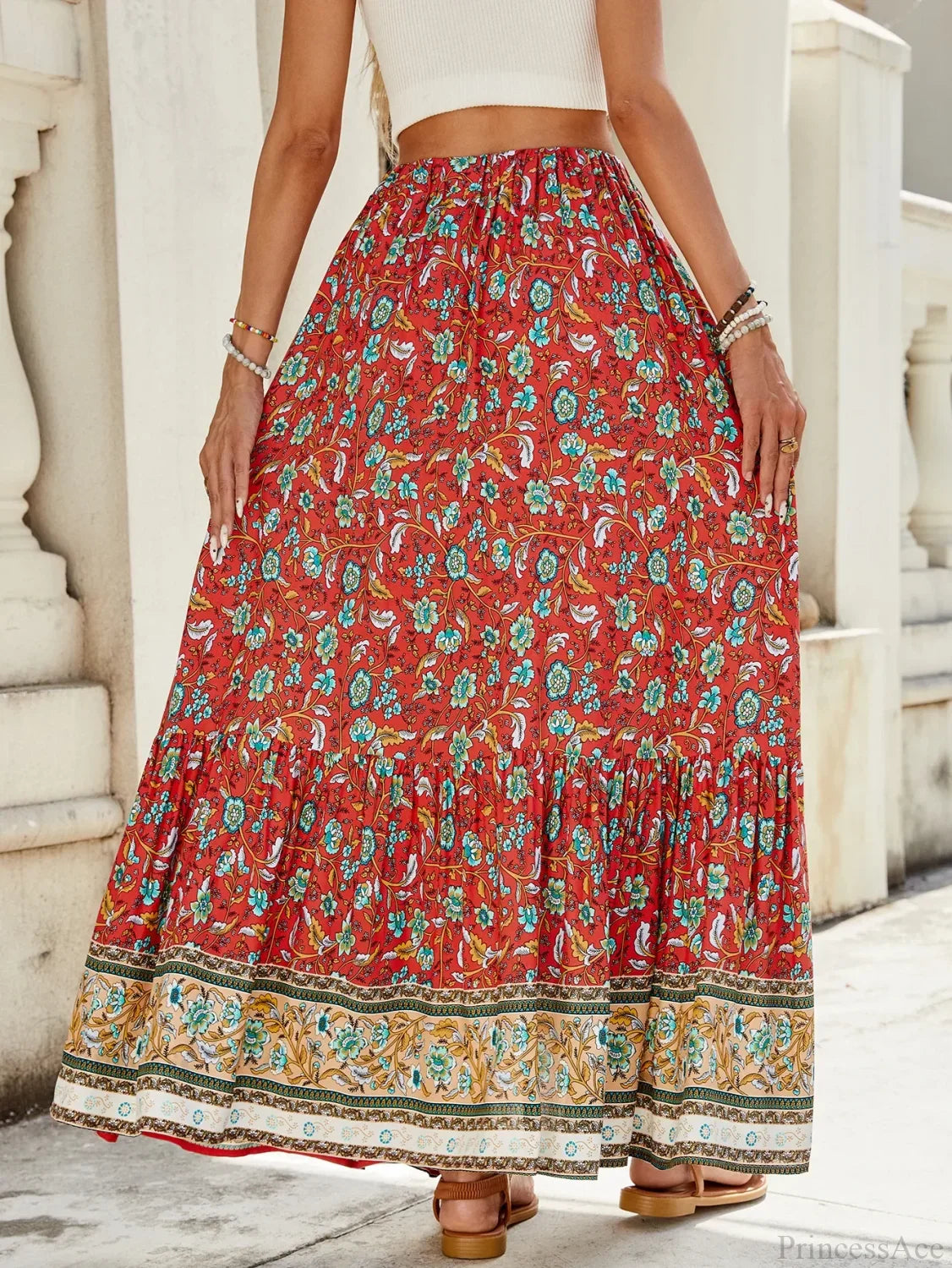 Women Boho Maxi Skirts Button Down Floral A-Line Hippie