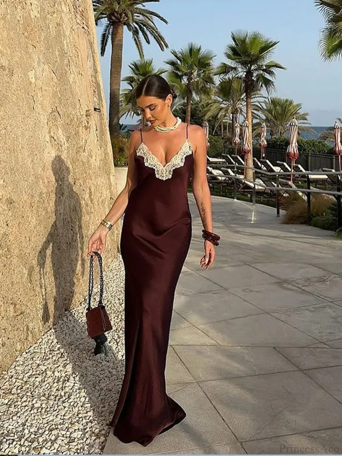 Women Elegant Solid Spliced Lace Midi Sling Backless Party Dress