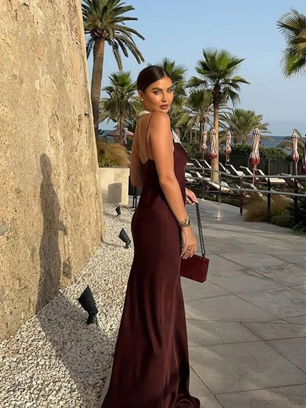 Women Elegant Solid Spliced Lace Midi Sling Backless Party Dress
