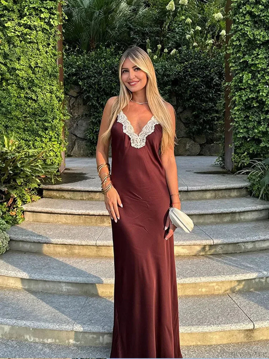 Women Elegant Solid Spliced Lace Midi Sling Backless Party Dress
