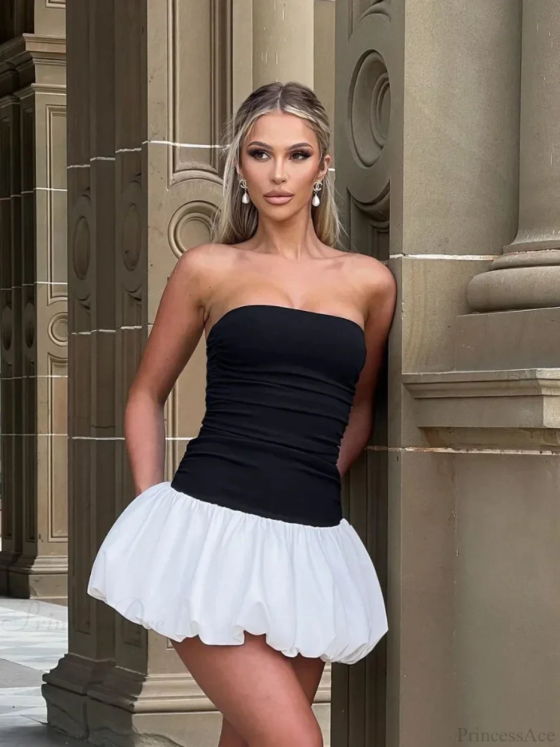 Women Skinny Spliced Backless Flower Bud Mini Party Dress