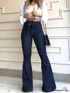 Women Blue Denim High-Stretch Bell Bottom Legs Pants Solid Color High Waist Flare Jeans