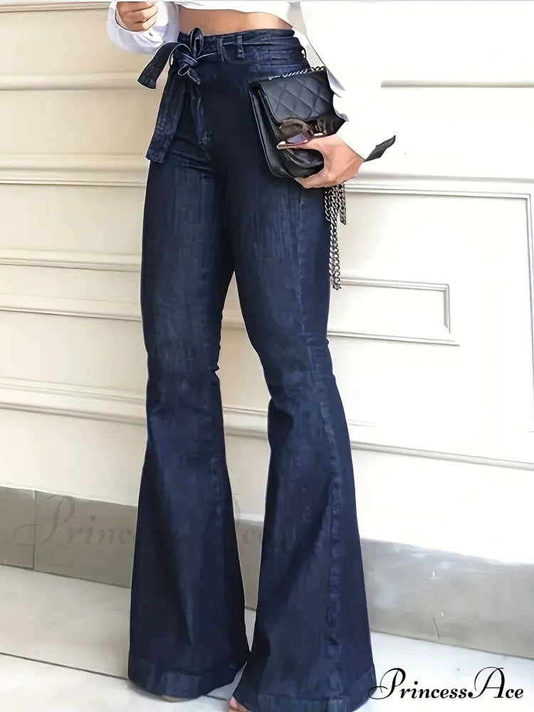 Women Blue Denim High-Stretch Bell Bottom Legs Pants Solid Color High Waist Flare Jeans