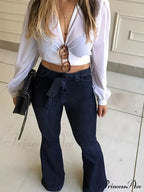Women Blue Denim High-Stretch Bell Bottom Legs Pants Solid Color High Waist Flare Jeans