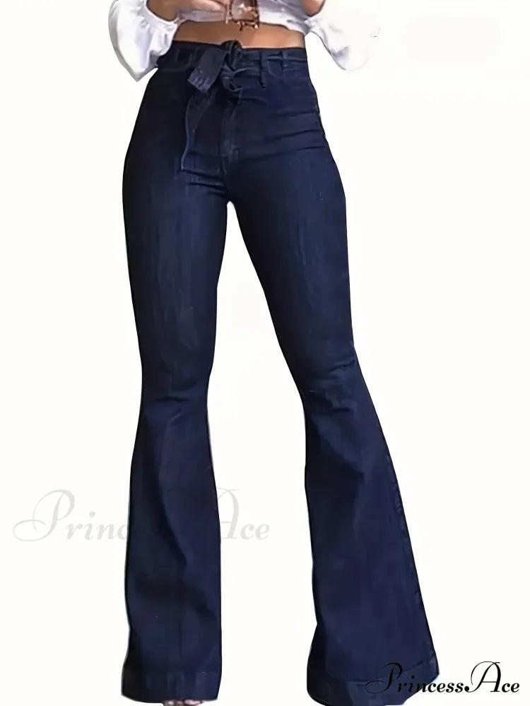 Women Blue Denim High-Stretch Bell Bottom Legs Pants Solid Color High Waist Flare Jeans