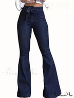 Women Blue Denim High-Stretch Bell Bottom Legs Pants Solid Color High Waist Flare Jeans