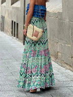 Women Flowy Boho Skirt Printed Ruffled Hem Summer Vacation Club