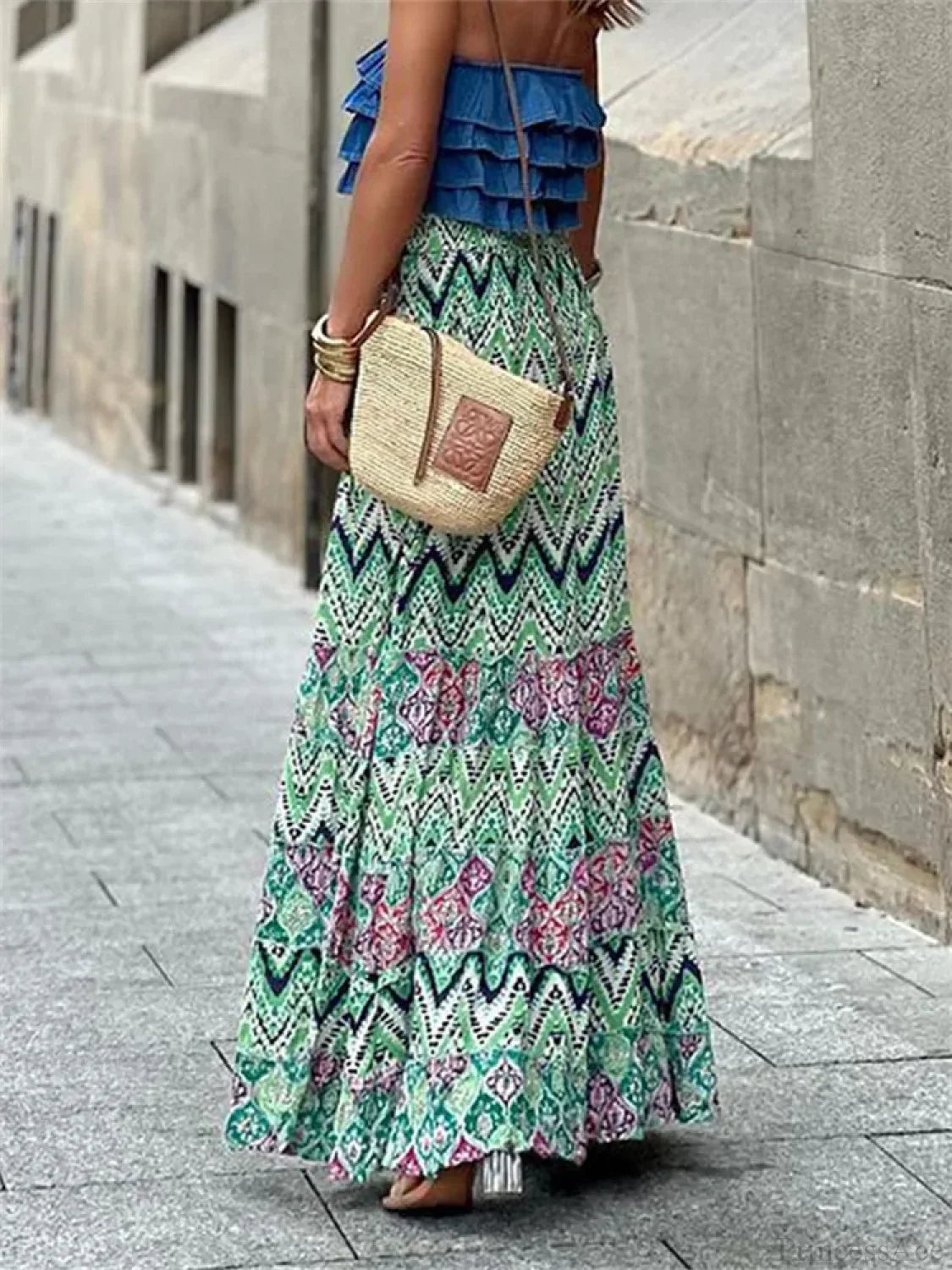 Women Flowy Boho Skirt Printed Ruffled Hem Summer Vacation Club