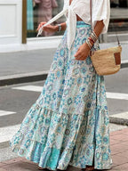 Women Flowy Boho Skirt Printed Ruffled Hem Summer Vacation Club