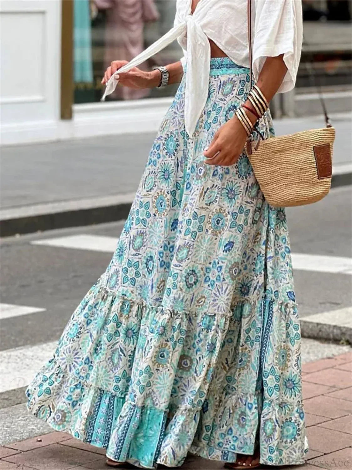 Women Flowy Boho Skirt Printed Ruffled Hem Summer Vacation Club