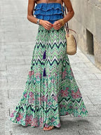 Women Flowy Boho Skirt Printed Ruffled Hem Summer Vacation Club
