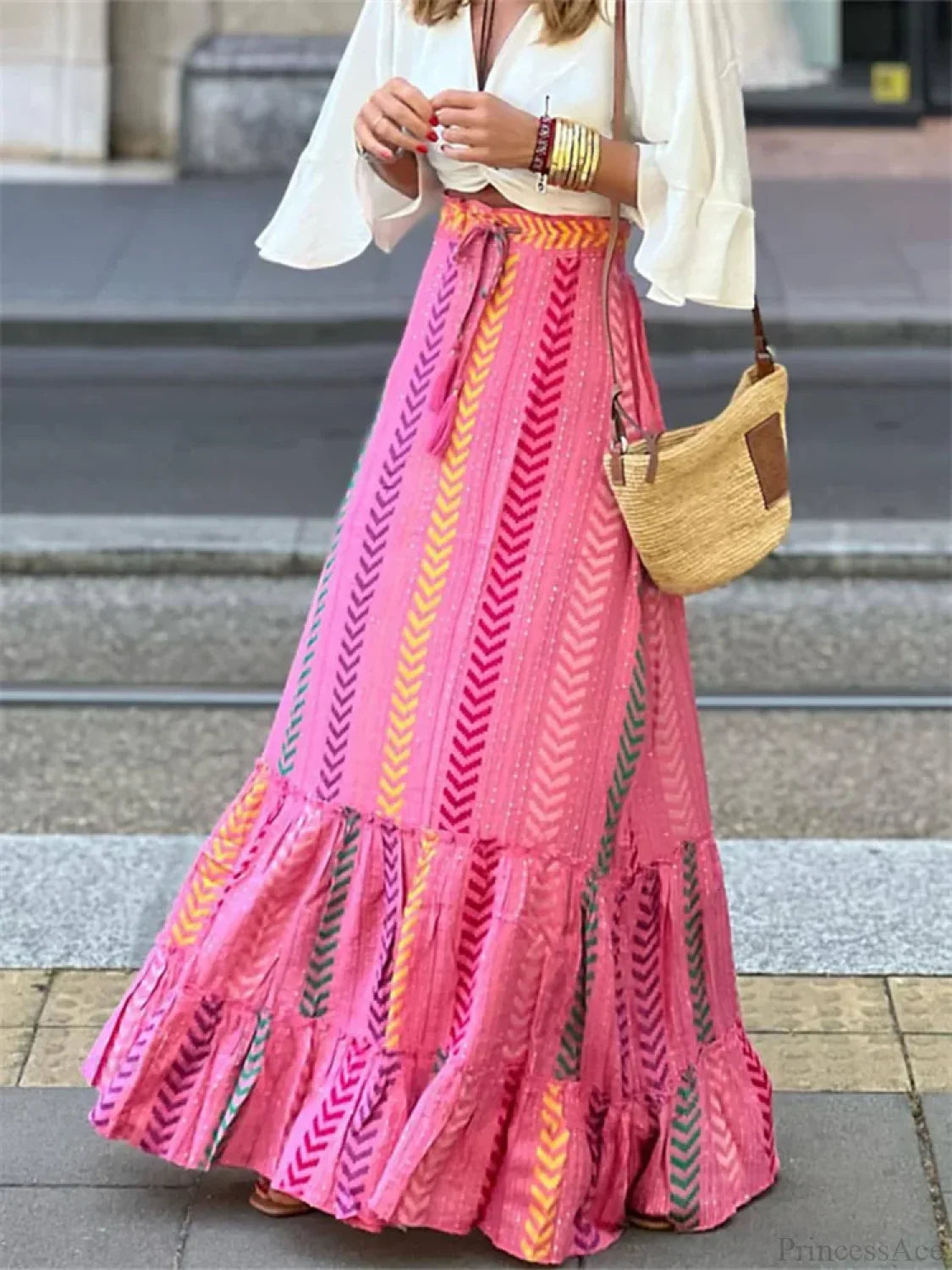 Women Flowy Boho Skirt Printed Ruffled Hem Summer Vacation Club