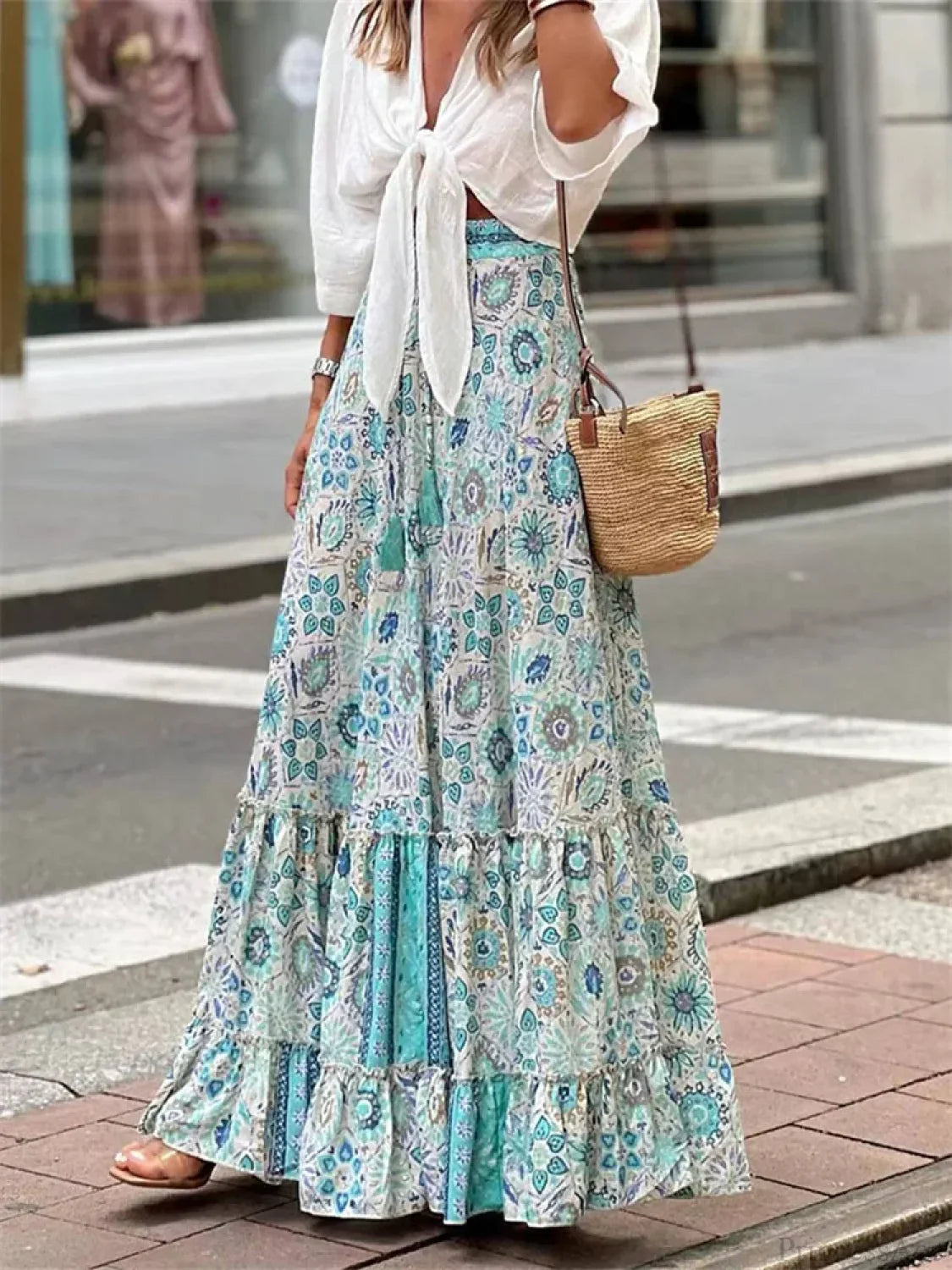 Women Flowy Boho Skirt Printed Ruffled Hem Summer Vacation Club