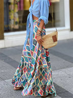 Women Flowy Boho Skirt Printed Ruffled Hem Summer Vacation Club