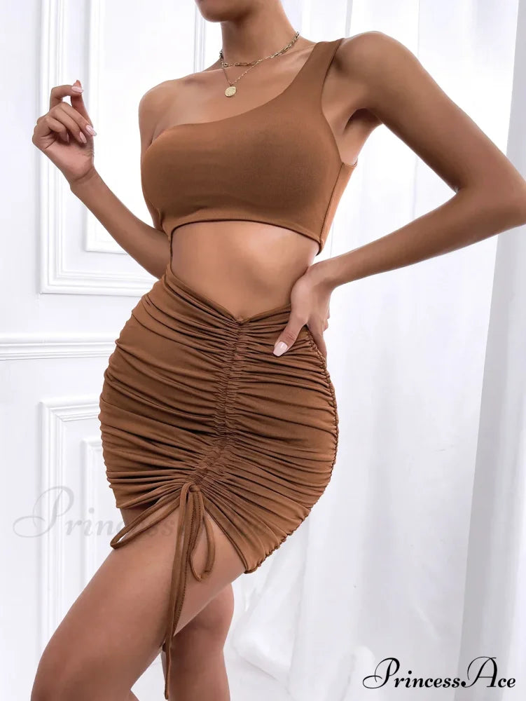 Women One Shoulder Mini Backless Hollow Out Pleated Cut Dress