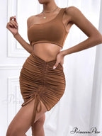 Women One Shoulder Mini Backless Hollow Out Pleated Cut Dress