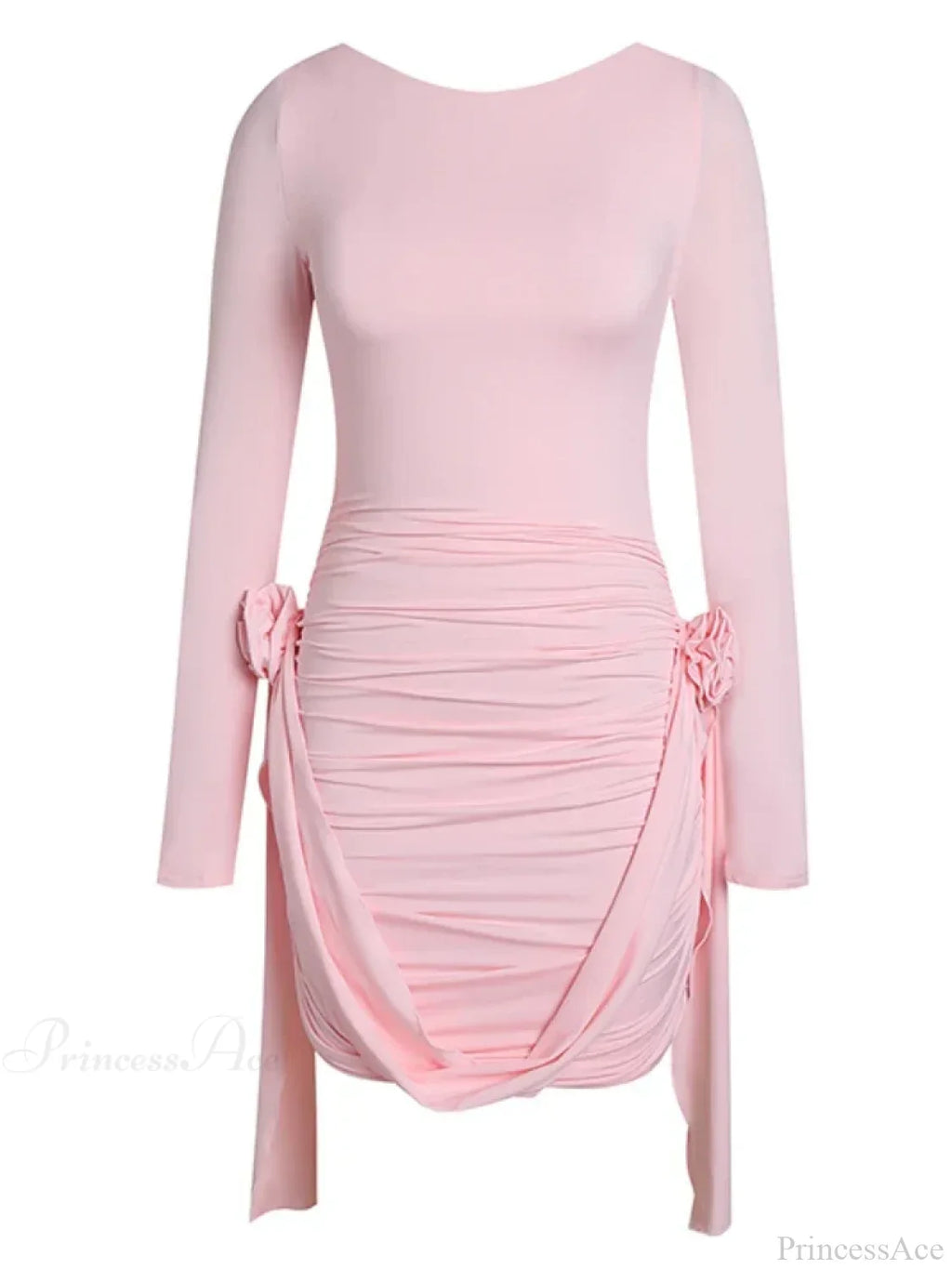 Women Pink 3D Floral Draped Mini Bodycon Dress Long Sleeves Party