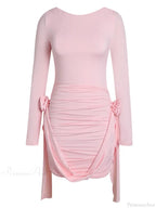 Women Pink 3D Floral Draped Mini Bodycon Dress Long Sleeves Party