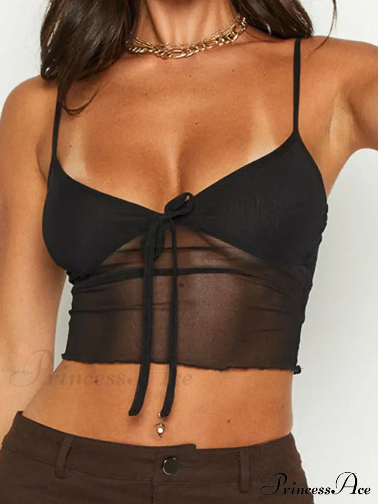 Women See Through Mesh Crop Cami Y2K Ruffle Frill Backless Sleeveless Spaghetti Strap Camisoles Party Tank Top