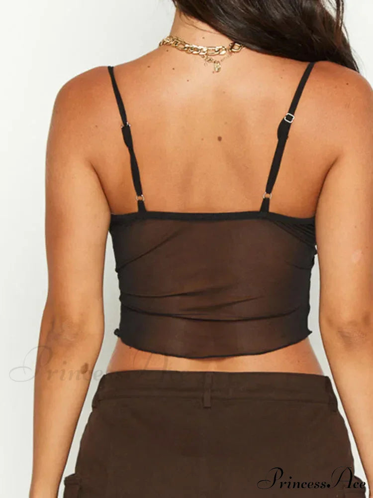 Women See Through Mesh Crop Cami Y2K Ruffle Frill Backless Sleeveless Spaghetti Strap Camisoles Party Tank Top