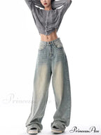 American Vintage Washed Thin Casual Neutral Style Blue Denim High Waist Straight Pants Jeans